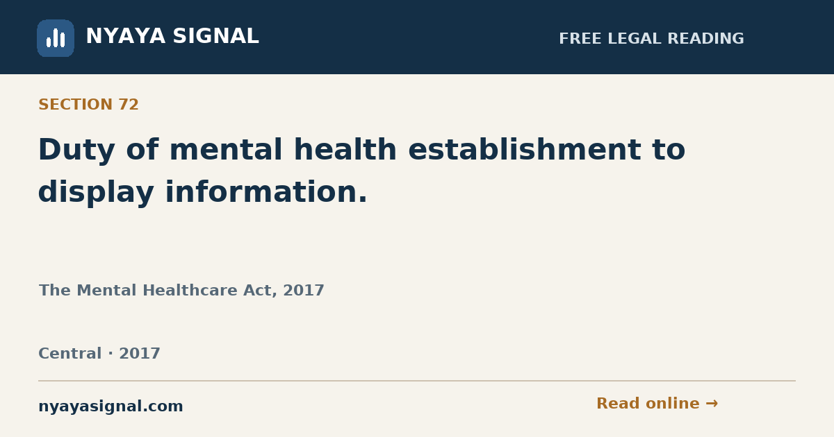 Section 72 — Duty of mental health establishment to display information. | The Mental Healthcare Act, 2017 | NYAYA SIGNAL