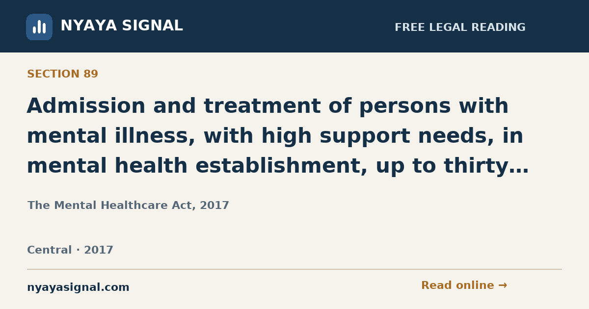 Section 89 — Admission and treatment of persons with mental illness, with high support needs, in mental health establishment, up to thirty days (supported admission). | The Mental Healthcare Act, 2017 | NYAYA SIGNAL