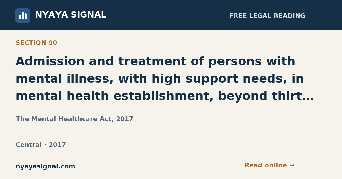 Section 90 — Admission and treatment of persons with mental illness, with high support needs, in mental health establishment, beyond thirty days (supported admission beyond thirty days). | The Mental Healthcare Act, 2017 | NYAYA SIGNAL