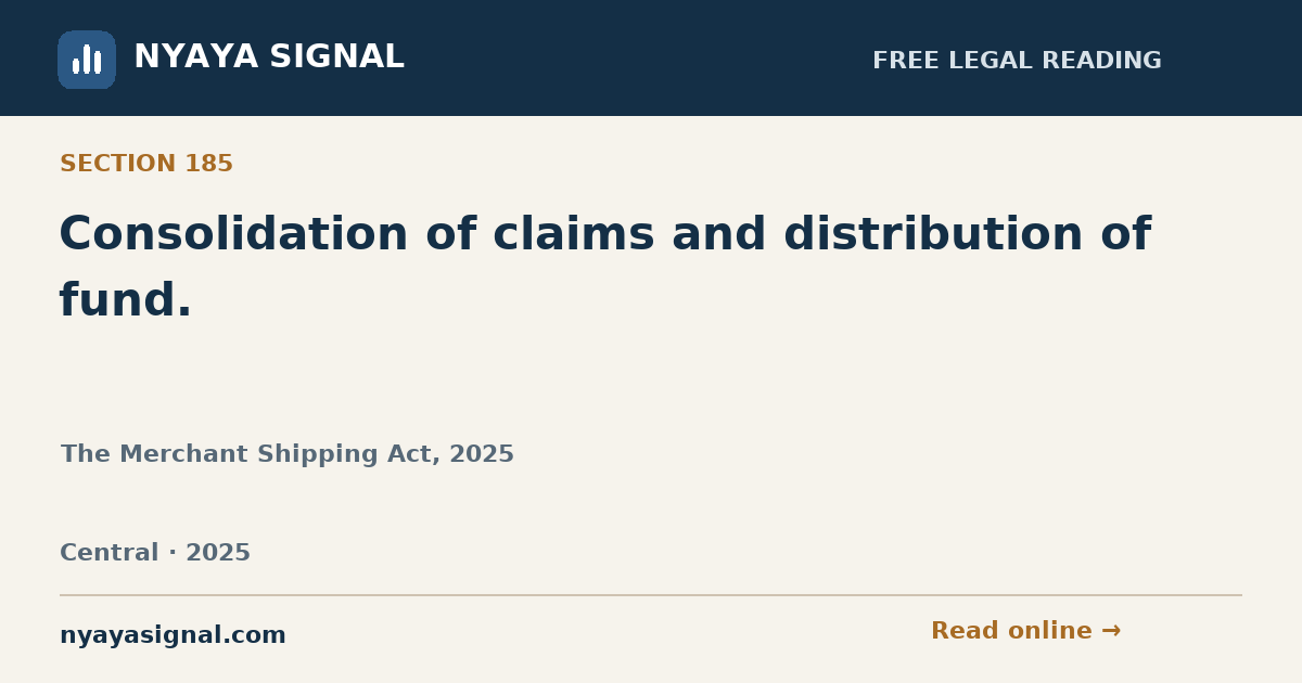 Section 185 — Consolidation of claims and distribution of fund. | The Merchant Shipping Act, 2025 | NYAYA SIGNAL