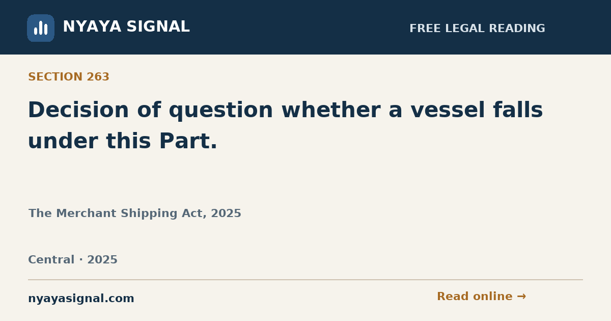 Section 263 — Decision of question whether a vessel falls under this Part. | The Merchant Shipping Act, 2025 | NYAYA SIGNAL