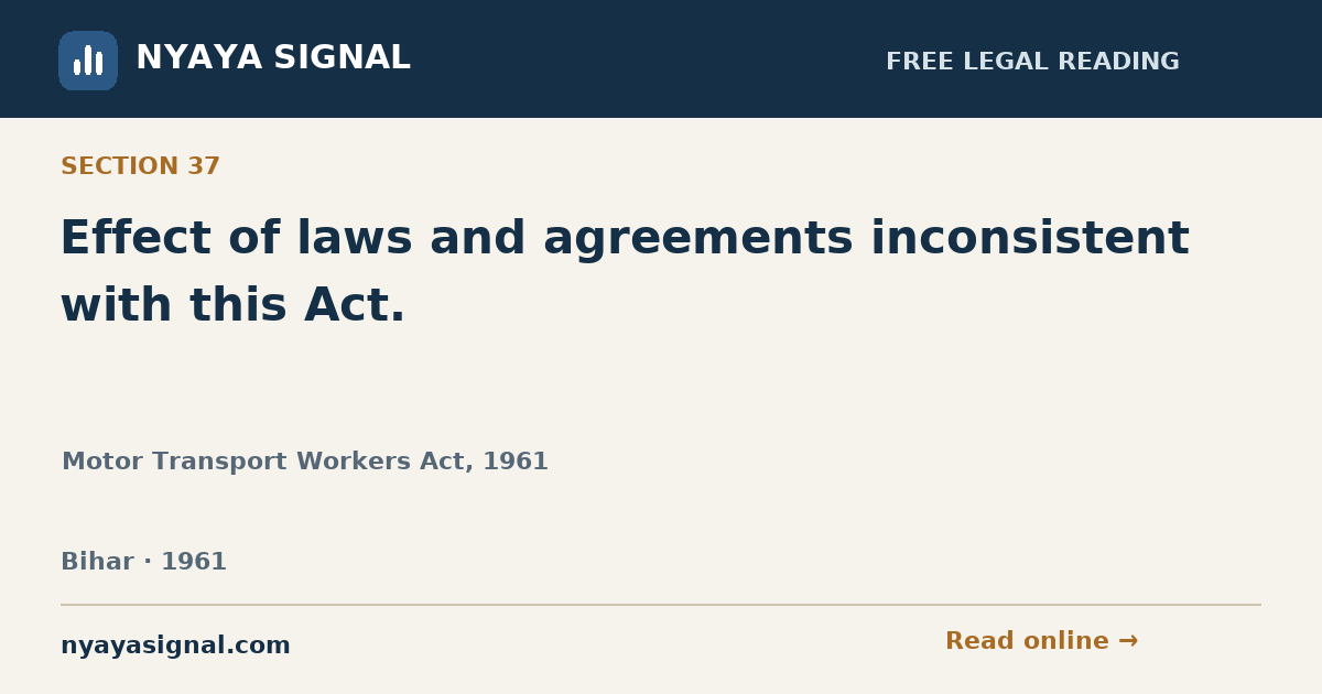 Section 37 — Effect of laws and agreements inconsistent with this Act. | Motor Transport Workers Act, 1961 | NYAYA SIGNAL