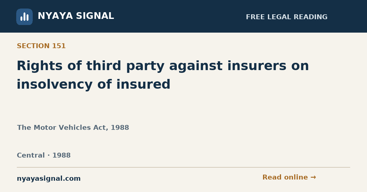 Section 151 — Rights of third party against insurers on insolvency of insured | The Motor Vehicles Act, 1988 | NYAYA SIGNAL