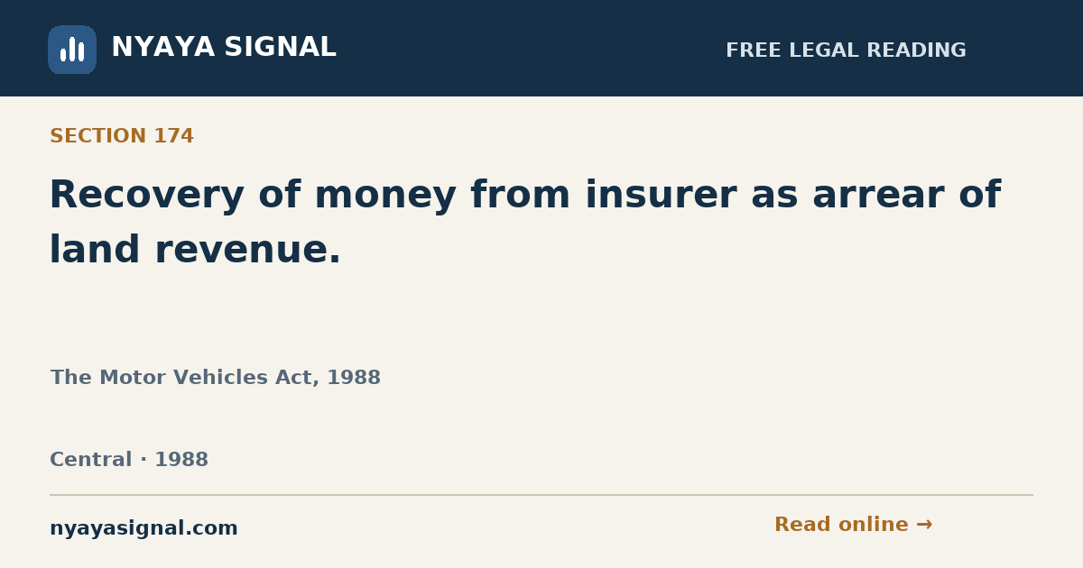 Section 174 — Recovery of money from insurer as arrear of land revenue. | The Motor Vehicles Act, 1988 | NYAYA SIGNAL