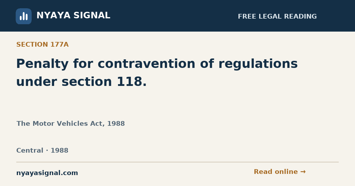 Section 177A — Penalty for contravention of regulations under section 118. | The Motor Vehicles Act, 1988 | NYAYA SIGNAL