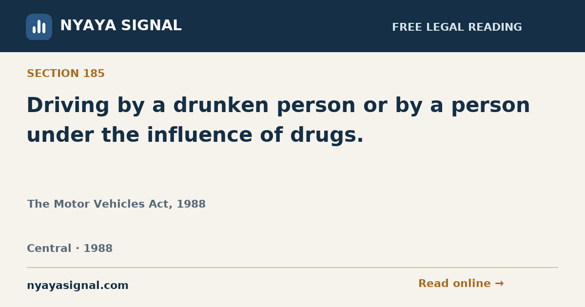 Section 185 — Driving by a drunken person or by a person under the influence of drugs. | The Motor Vehicles Act, 1988 | NYAYA SIGNAL