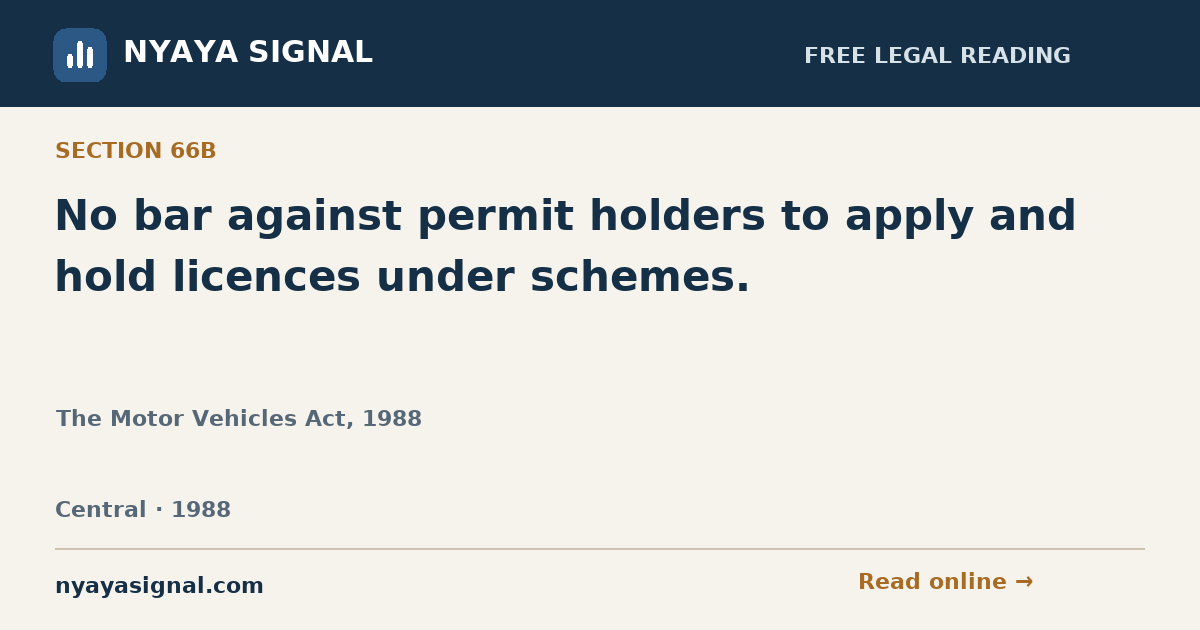 Section 66B — No bar against permit holders to apply and hold licences under schemes. | The Motor Vehicles Act, 1988 | NYAYA SIGNAL