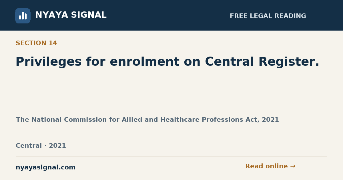 Section 14 — Privileges for enrolment on Central Register. | The National Commission for Allied and Healthcare Professions Act, 2021 | NYAYA SIGNAL