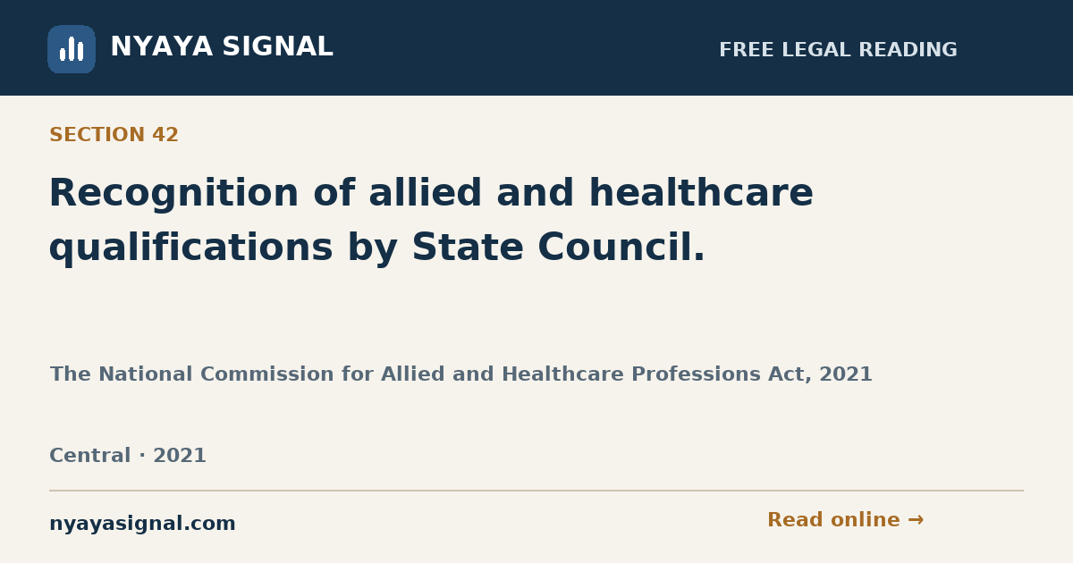 Section 42 — Recognition of allied and healthcare qualifications by State Council. | The National Commission for Allied and Healthcare Professions Act, 2021 | NYAYA SIGNAL