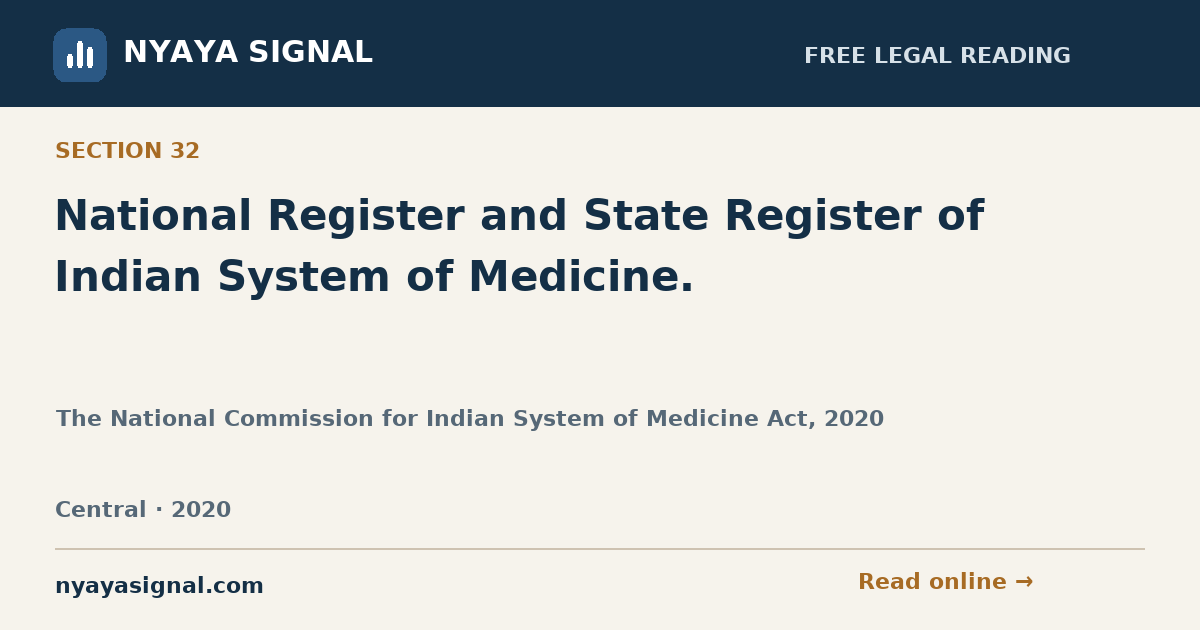 Section 32 — National Register and State Register of Indian System of Medicine. | The National Commission for Indian System of Medicine Act, 2020 | NYAYA SIGNAL