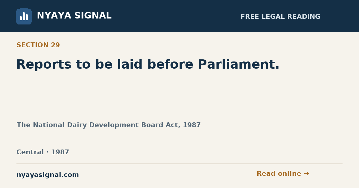 Section 29 — Reports to be laid before Parliament. | The National Dairy Development Board Act, 1987 | NYAYA SIGNAL