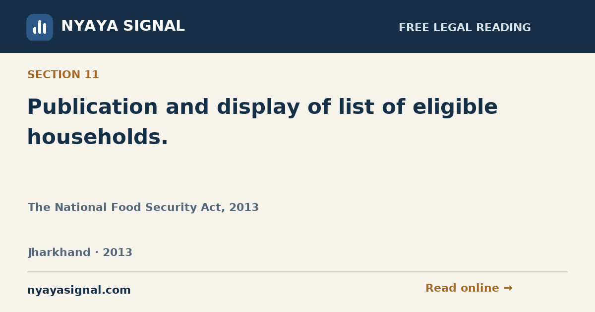 Section 11 — Publication and display of list of eligible households. | The National Food Security Act, 2013 | NYAYA SIGNAL