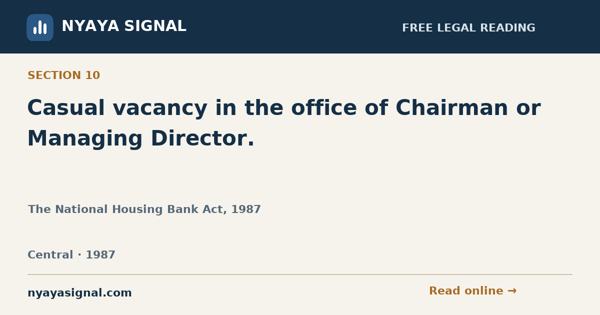 Section 10 — Casual vacancy in the office of Chairman or Managing Director. | The National Housing Bank Act, 1987 | NYAYA SIGNAL
