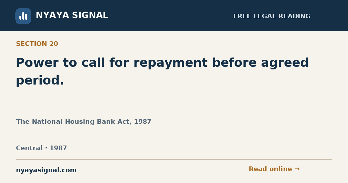 Section 20 — Power to call for repayment before agreed period. | The National Housing Bank Act, 1987 | NYAYA SIGNAL