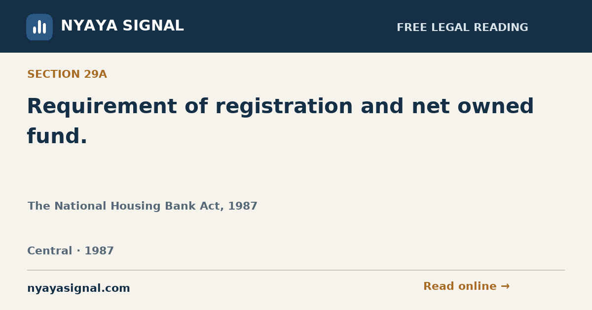 Section 29A — Requirement of registration and net owned fund. | The National Housing Bank Act, 1987 | NYAYA SIGNAL