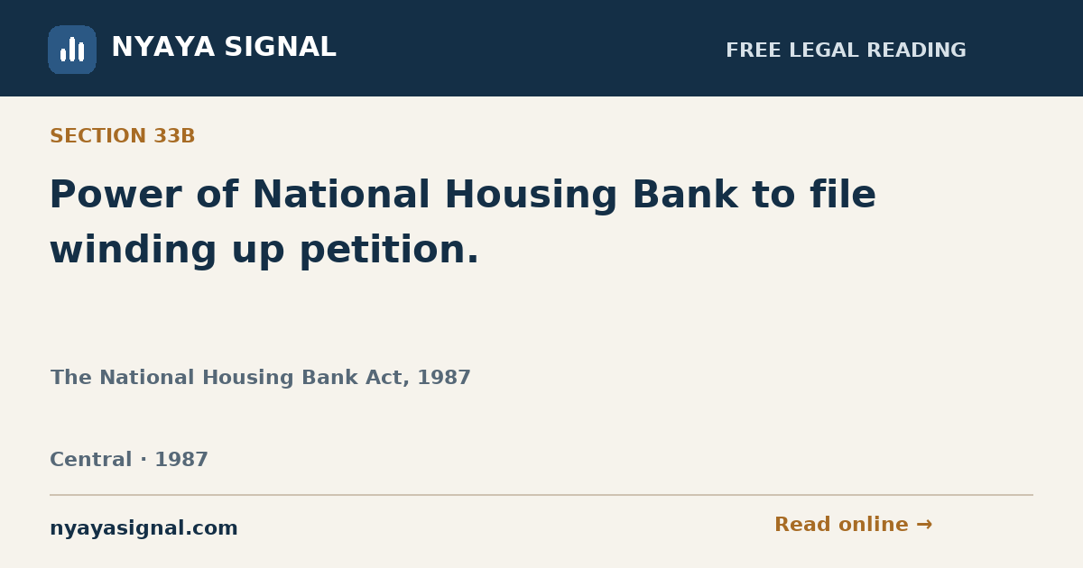 Section 33B — Power of National Housing Bank to file winding up petition. | The National Housing Bank Act, 1987 | NYAYA SIGNAL