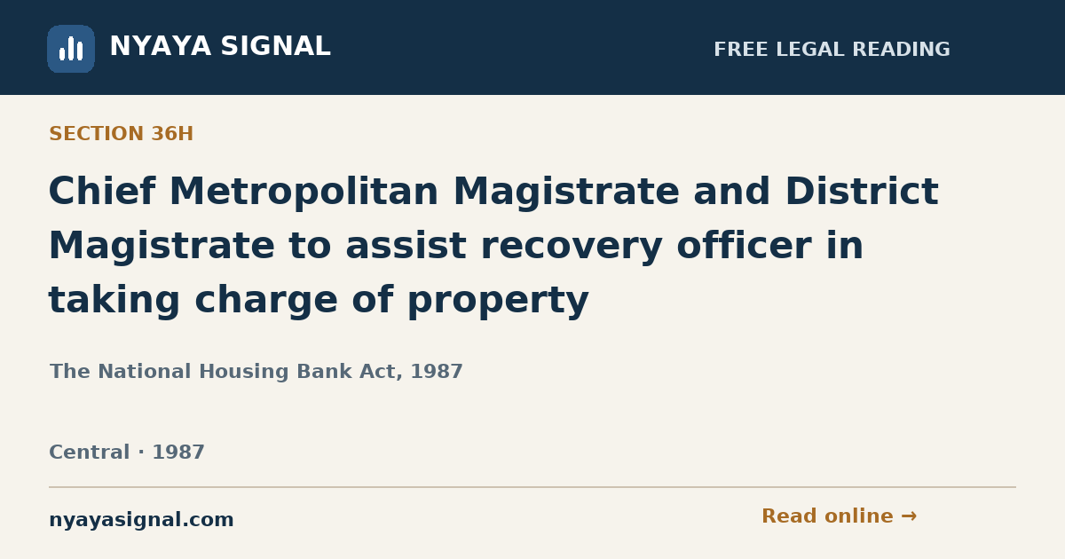 Section 36H — Chief Metropolitan Magistrate and District Magistrate to assist recovery officer in taking charge of property | The National Housing Bank Act, 1987 | NYAYA SIGNAL