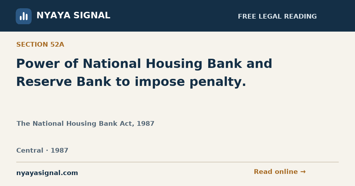 Section 52A — Power of National Housing Bank and Reserve Bank to impose penalty. | The National Housing Bank Act, 1987 | NYAYA SIGNAL