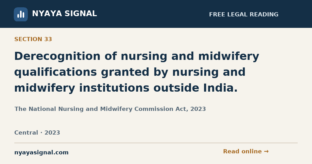 Section 33 — Derecognition of nursing and midwifery qualifications granted by nursing and midwifery institutions outside India. | The National Nursing and Midwifery Commission Act, 2023 | NYAYA SIGNAL