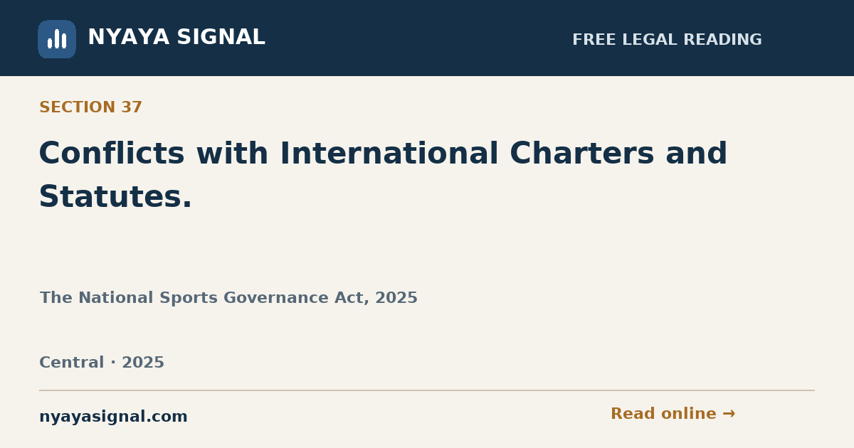 Section 37 — Conflicts with International Charters and Statutes. | The National Sports Governance Act, 2025 | NYAYA SIGNAL