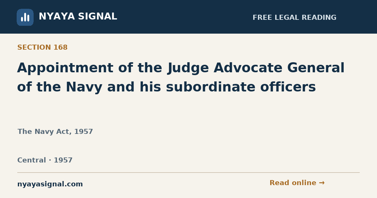 Section 168 — Appointment of the Judge Advocate General of the Navy and his subordinate officers | The Navy Act, 1957 | NYAYA SIGNAL