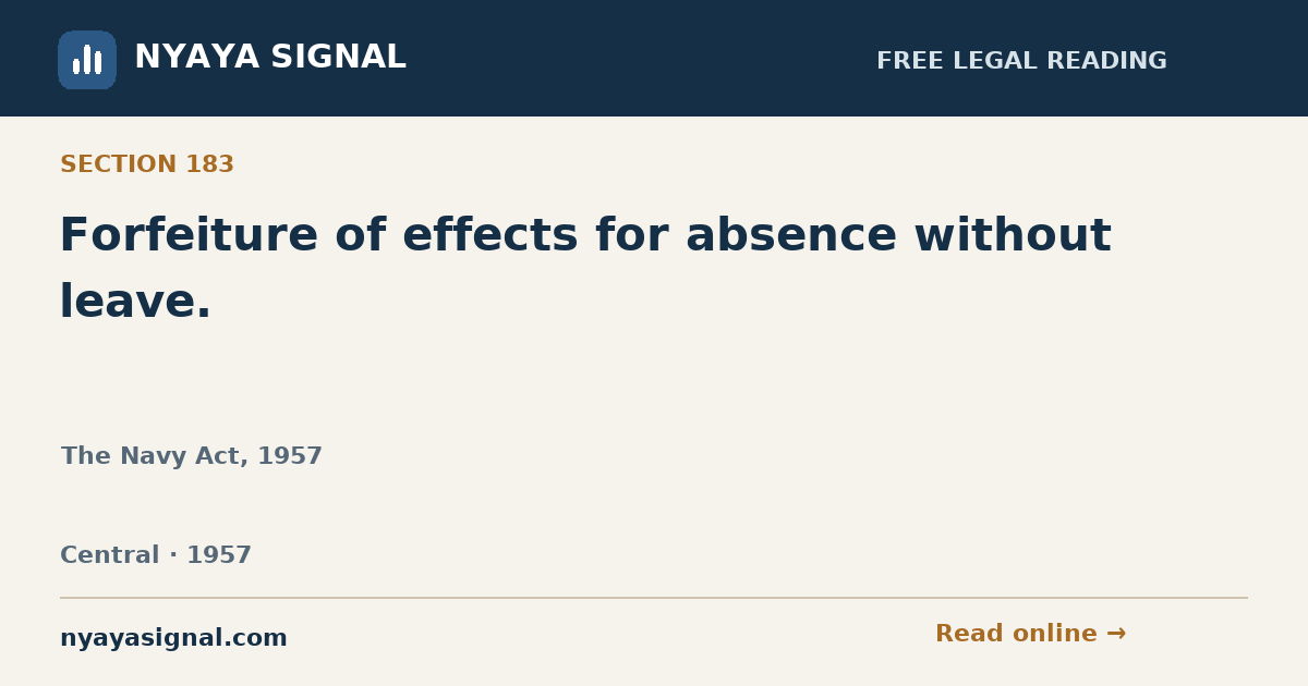 Section 183 — Forfeiture of effects for absence without leave. | The Navy Act, 1957 | NYAYA SIGNAL