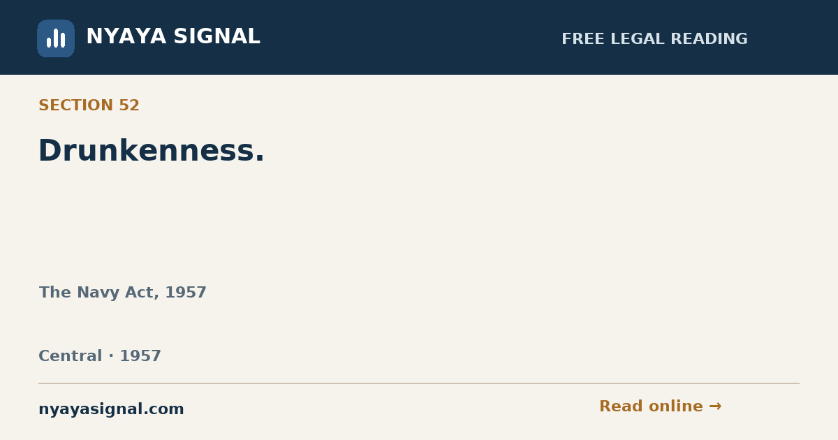 Section 52 — Drunkenness. | The Navy Act, 1957 | NYAYA SIGNAL