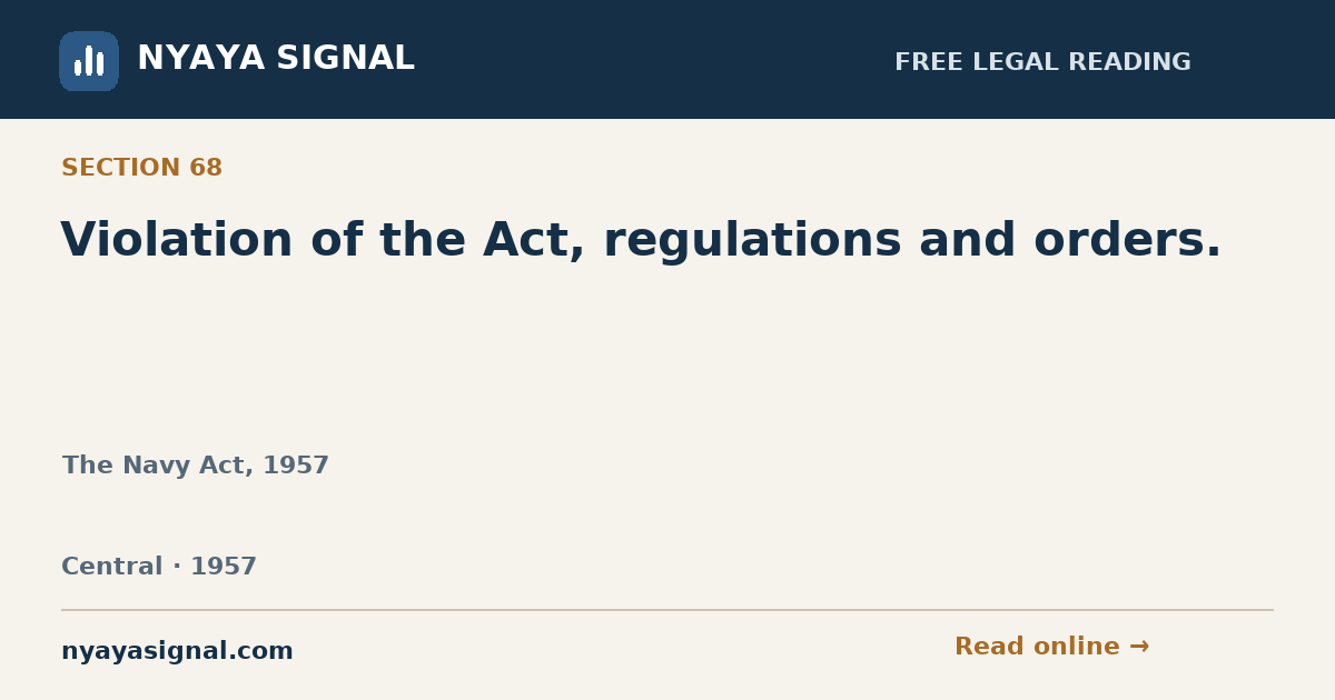 Section 68 — Violation of the Act, regulations and orders. | The Navy Act, 1957 | NYAYA SIGNAL