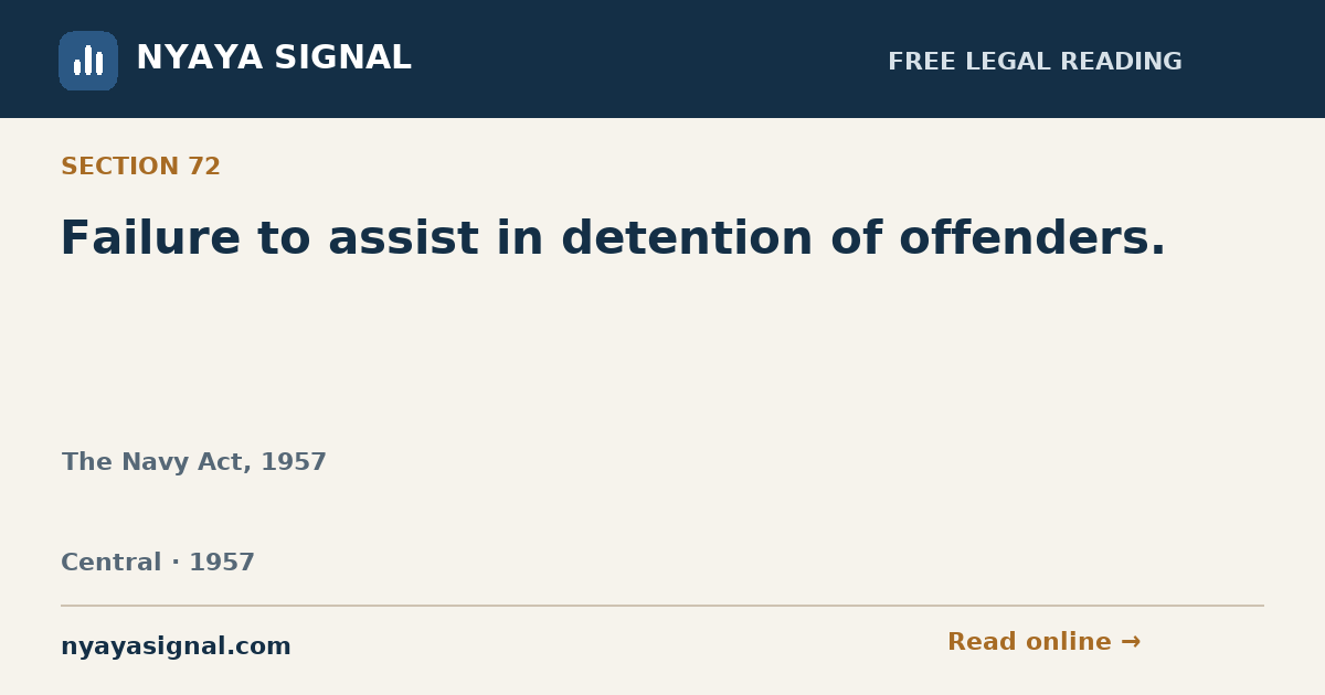 Section 72 — Failure to assist in detention of offenders. | The Navy Act, 1957 | NYAYA SIGNAL