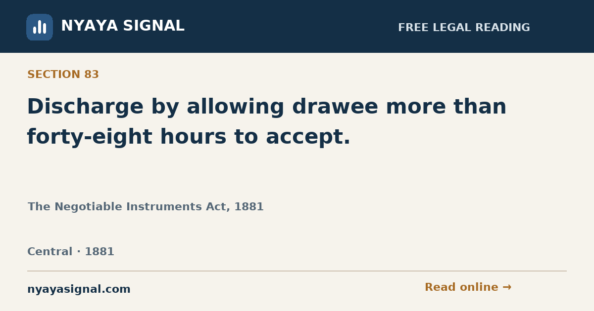 Section 83 — Discharge by allowing drawee more than forty-eight hours to accept. | The Negotiable Instruments Act, 1881 | NYAYA SIGNAL