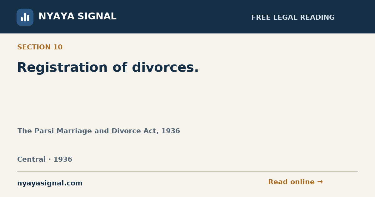 Section 10 — Registration of divorces. | The Parsi Marriage and Divorce Act, 1936 | NYAYA SIGNAL