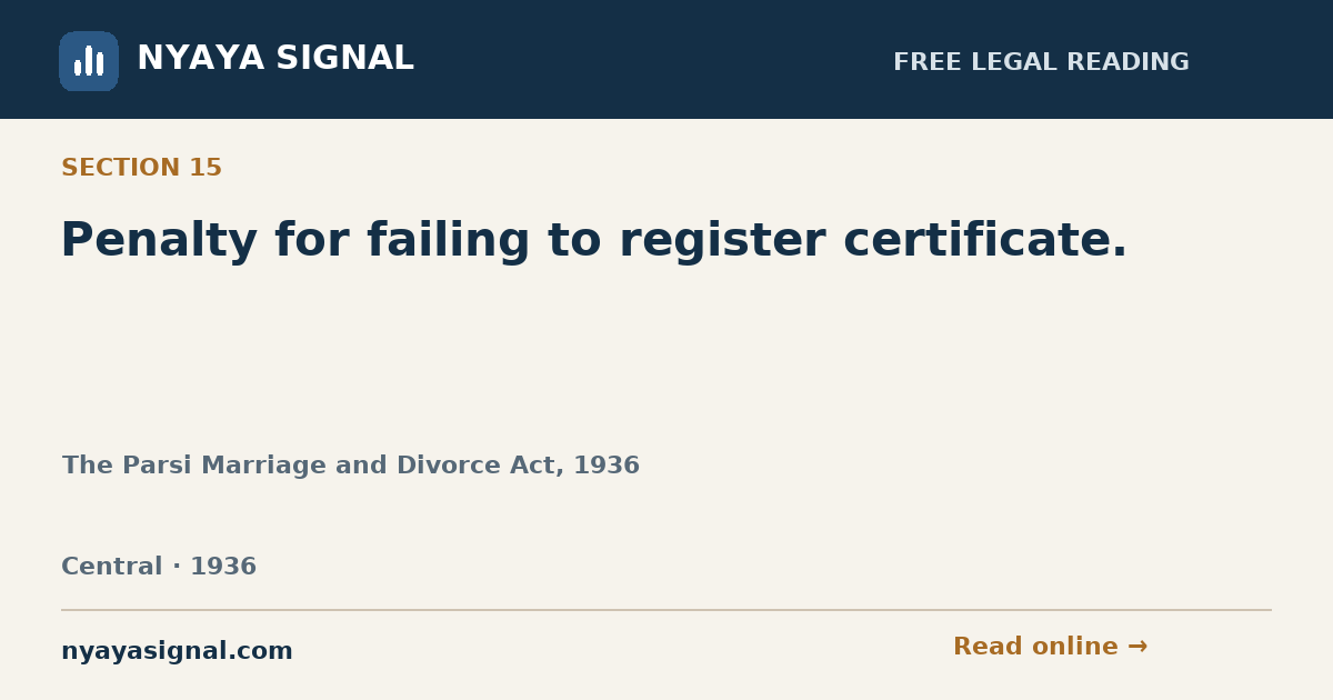 Section 15 — Penalty for failing to register certificate. | The Parsi Marriage and Divorce Act, 1936 | NYAYA SIGNAL