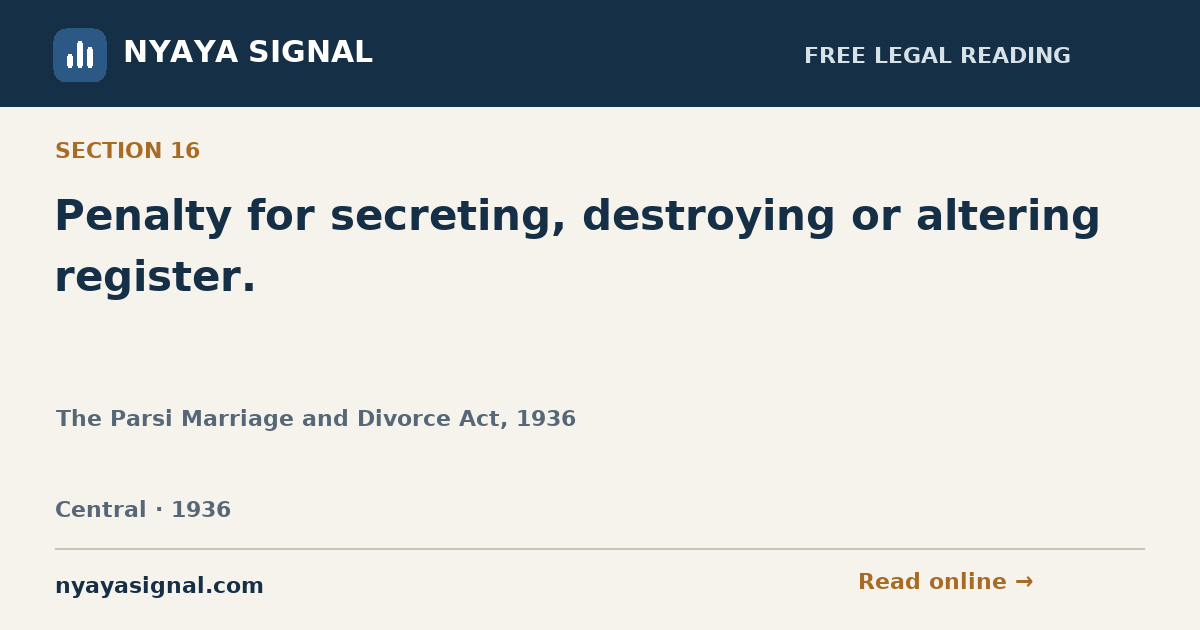 Section 16 — Penalty for secreting, destroying or altering register. | The Parsi Marriage and Divorce Act, 1936 | NYAYA SIGNAL