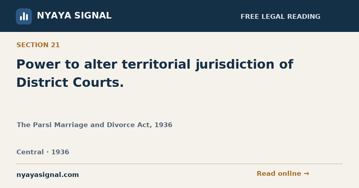 Section 21 — Power to alter territorial jurisdiction of District Courts. | The Parsi Marriage and Divorce Act, 1936 | NYAYA SIGNAL