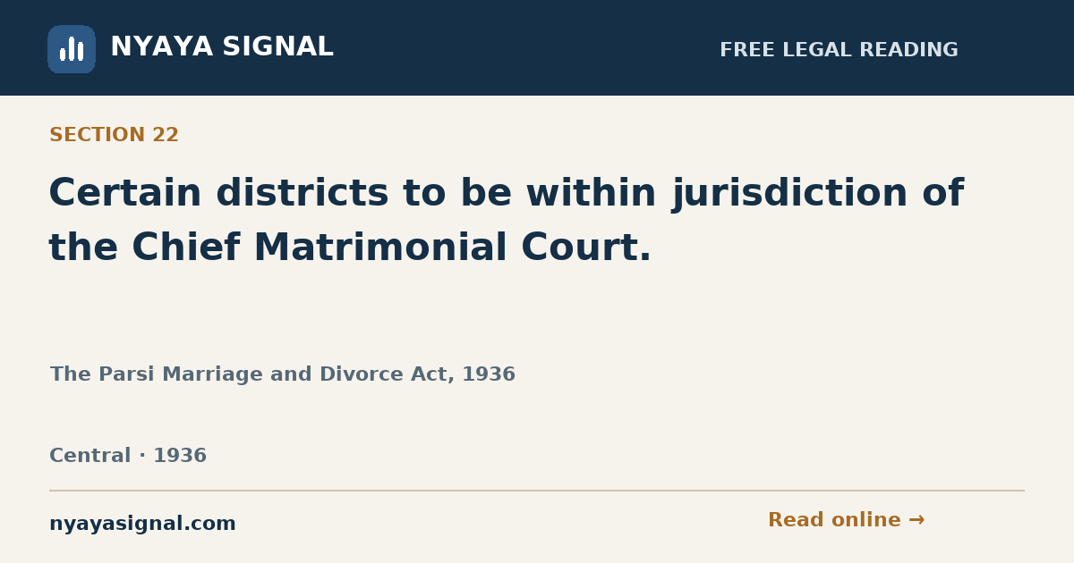 Section 22 — Certain districts to be within jurisdiction of the Chief Matrimonial Court. | The Parsi Marriage and Divorce Act, 1936 | NYAYA SIGNAL