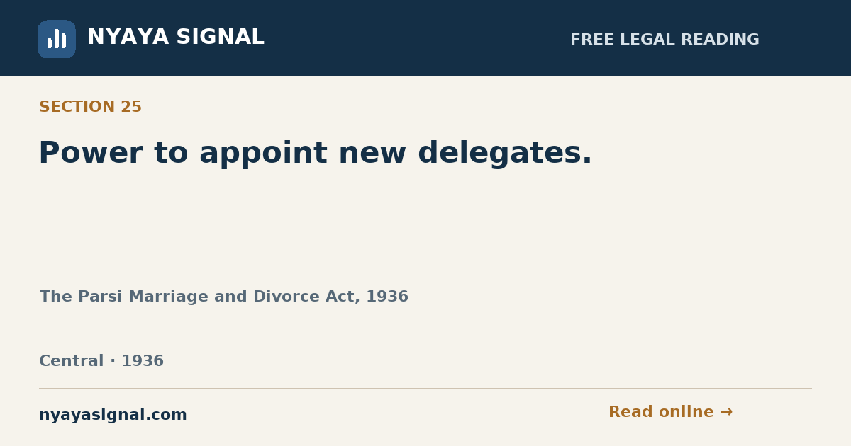 Section 25 — Power to appoint new delegates. | The Parsi Marriage and Divorce Act, 1936 | NYAYA SIGNAL
