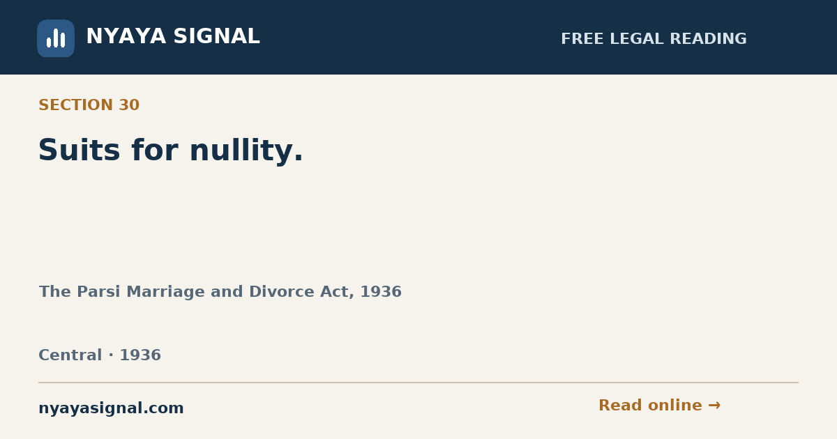 Section 30 — Suits for nullity. | The Parsi Marriage and Divorce Act, 1936 | NYAYA SIGNAL