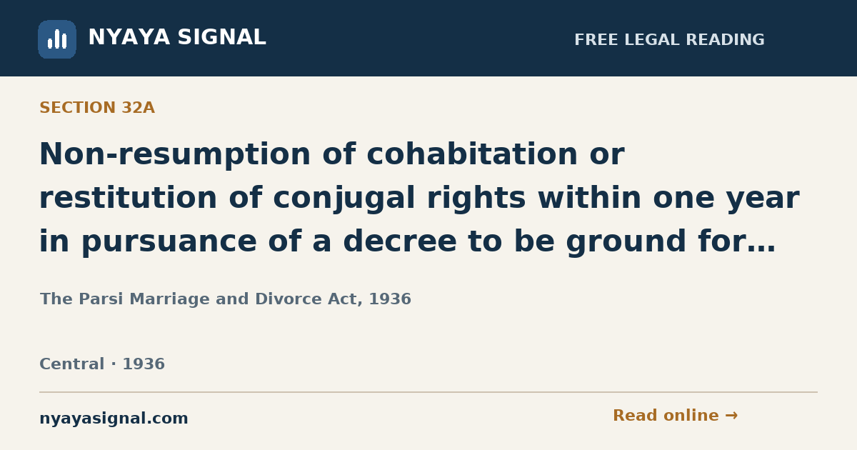 Section 32A — Non-resumption of cohabitation or restitution of conjugal rights within one year in pursuance of a decree to be ground for divorce. | The Parsi Marriage and Divorce Act, 1936 | NYAYA SIGNAL