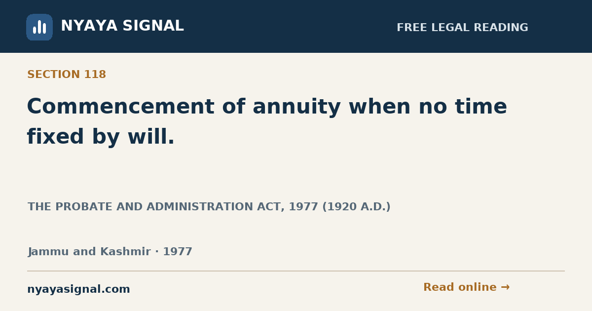 Section 118 — Commencement of annuity when no time fixed by will. | THE PROBATE AND ADMINISTRATION ACT, 1977 (1920 A.D.) | NYAYA SIGNAL