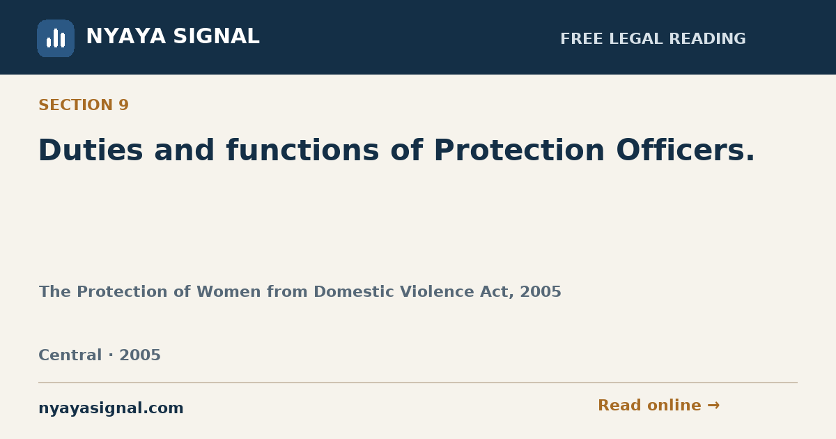 Section 9 — Duties and functions of Protection Officers. | The Protection of Women from Domestic Violence Act, 2005 | NYAYA SIGNAL