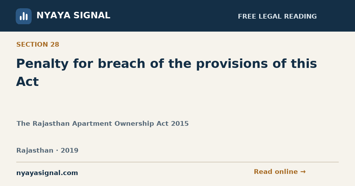 Section 28 — Penalty for breach of the provisions of this Act | The Rajasthan Apartment Ownership Act 2015 | NYAYA SIGNAL