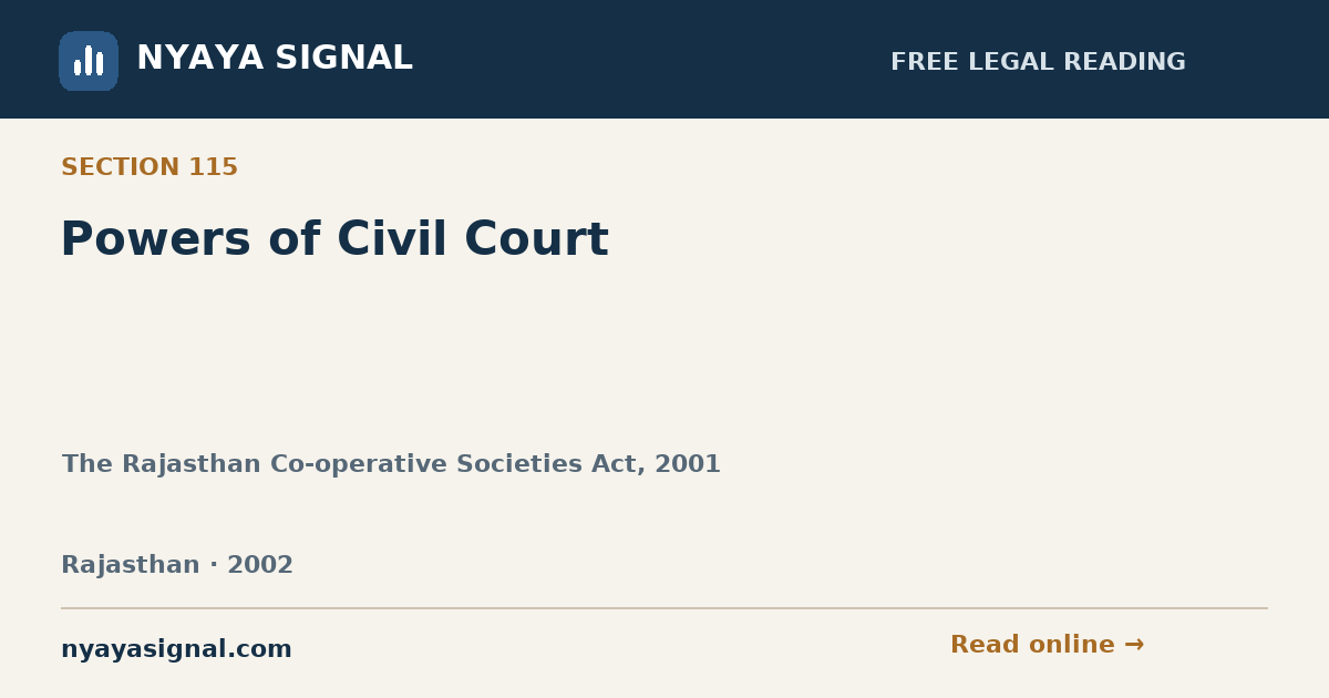 Section 115 — Powers of Civil Court | The Rajasthan Co-operative Societies Act, 2001 | NYAYA SIGNAL