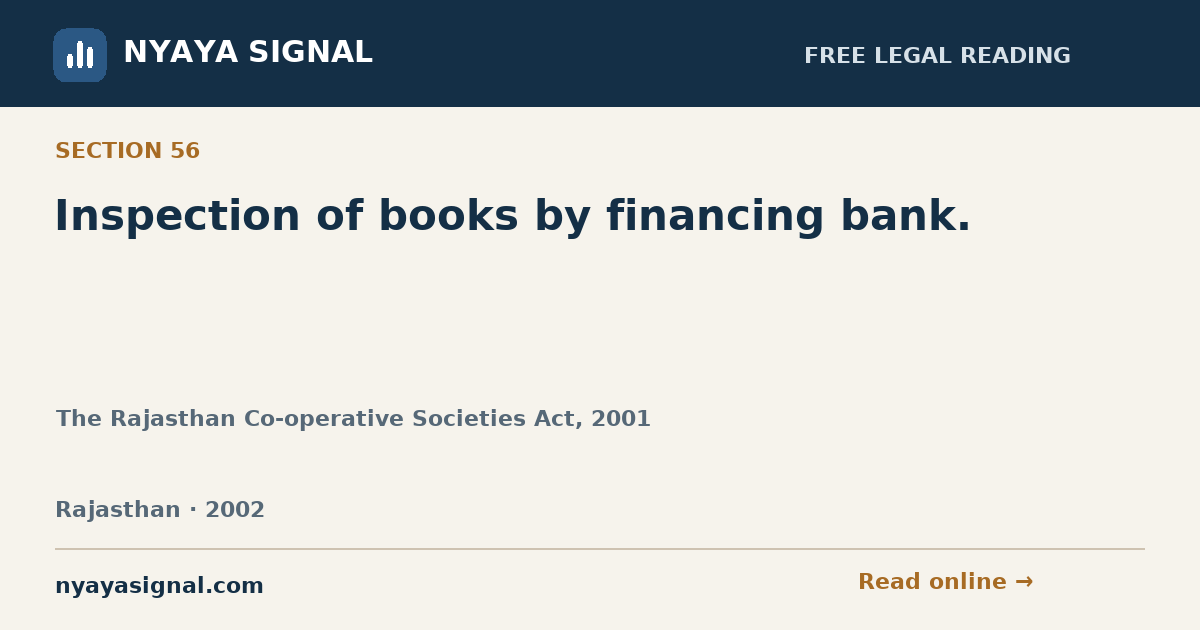 Section 56 — Inspection of books by financing bank. | The Rajasthan Co-operative Societies Act, 2001 | NYAYA SIGNAL