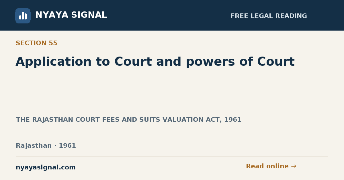 Section 55 — Application to Court and powers of Court | THE RAJASTHAN COURT FEES AND SUITS VALUATION ACT, 1961 | NYAYA SIGNAL