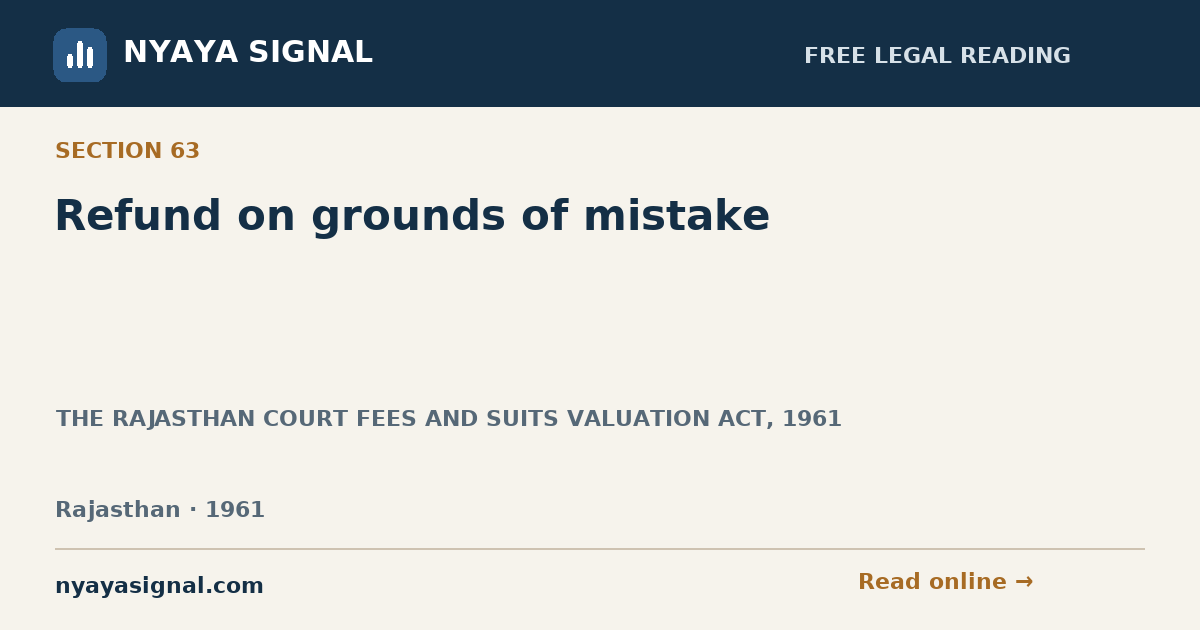 Section 63 — Refund on grounds of mistake | THE RAJASTHAN COURT FEES AND SUITS VALUATION ACT, 1961 | NYAYA SIGNAL