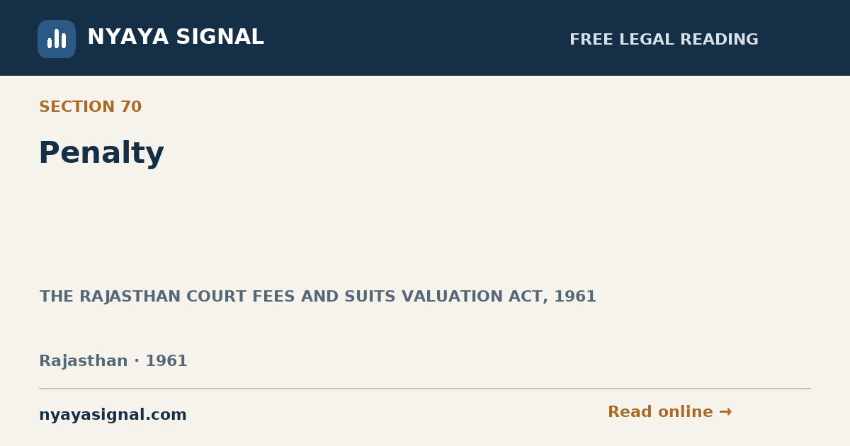 Section 70 — Penalty | THE RAJASTHAN COURT FEES AND SUITS VALUATION ACT, 1961 | NYAYA SIGNAL