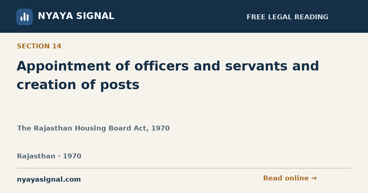 Section 14 — Appointment of officers and servants and creation of posts | The Rajasthan Housing Board Act, 1970 | NYAYA SIGNAL