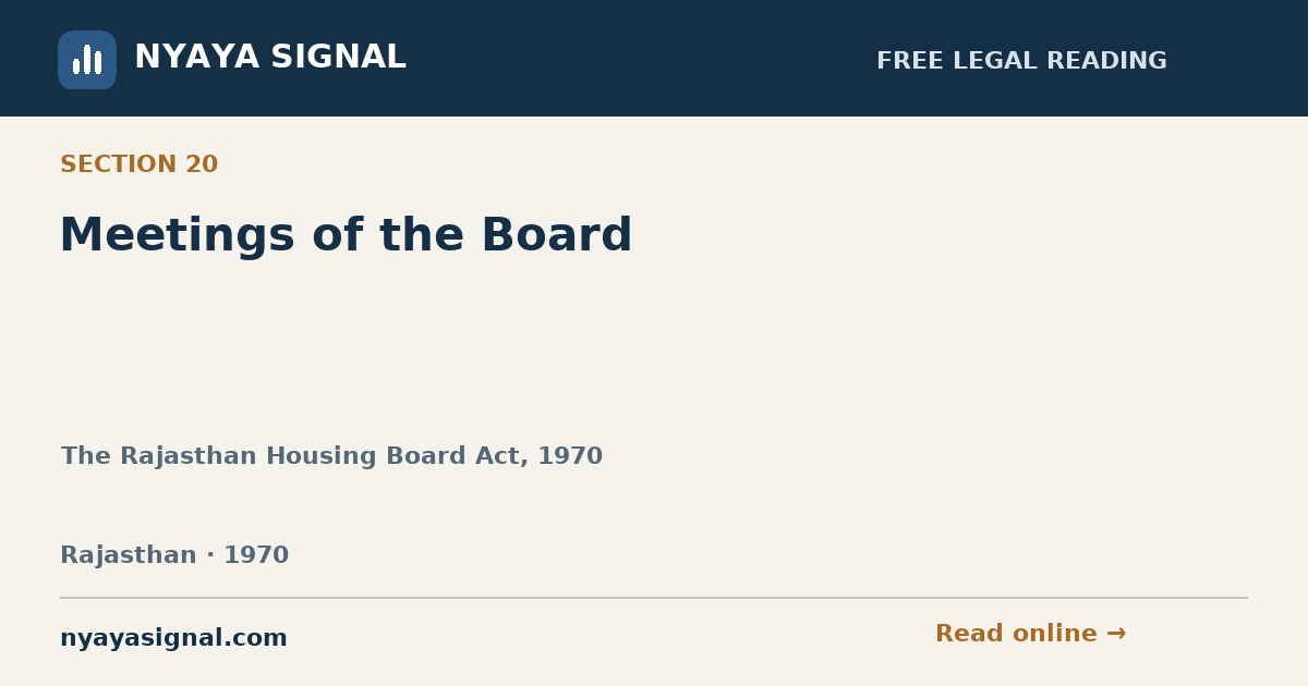 Section 20 — Meetings of the Board | The Rajasthan Housing Board Act, 1970 | NYAYA SIGNAL