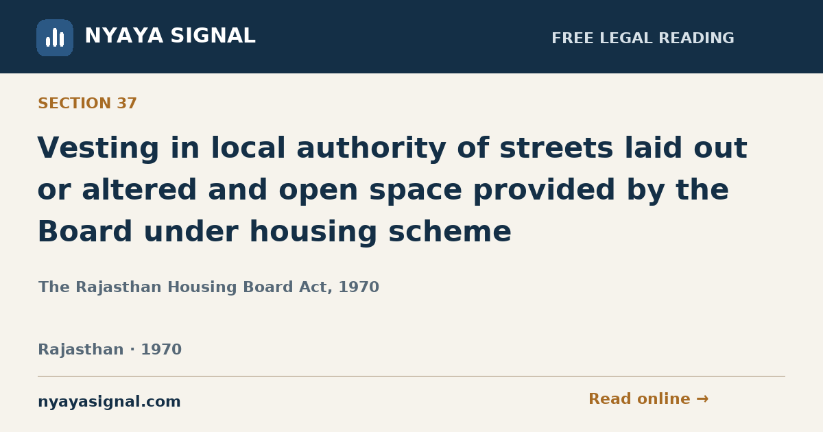 Section 37 — Vesting in local authority of streets laid out or altered and open space provided by the Board under housing scheme | The Rajasthan Housing Board Act, 1970 | NYAYA SIGNAL
