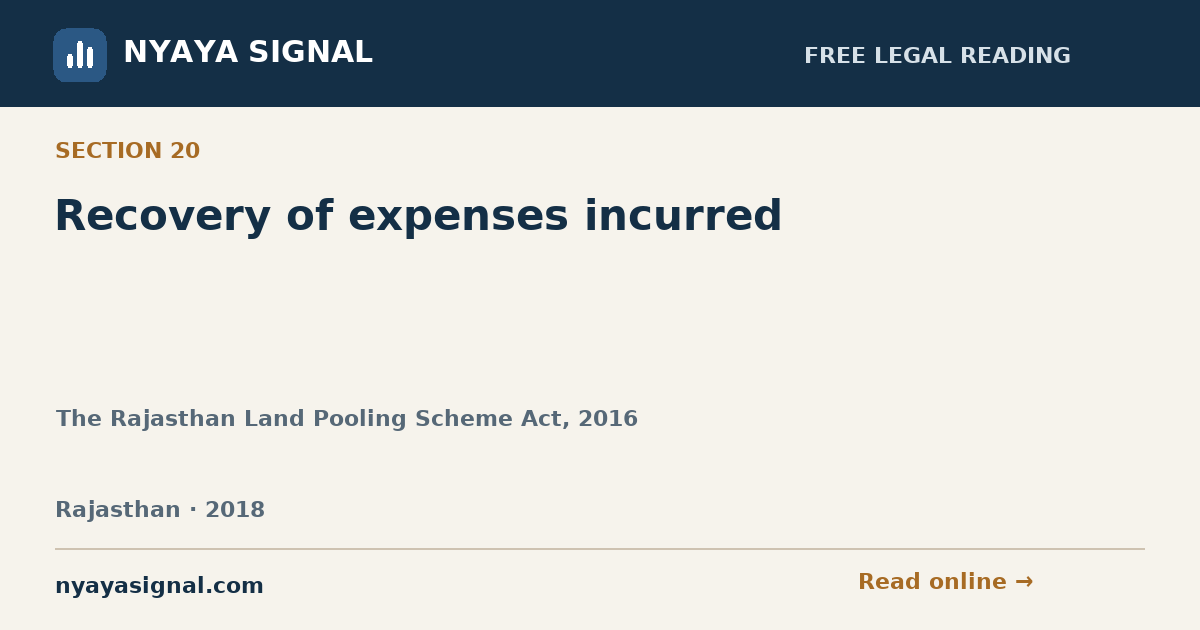 Section 20 — Recovery of expenses incurred | The Rajasthan Land Pooling Scheme Act, 2016 | NYAYA SIGNAL